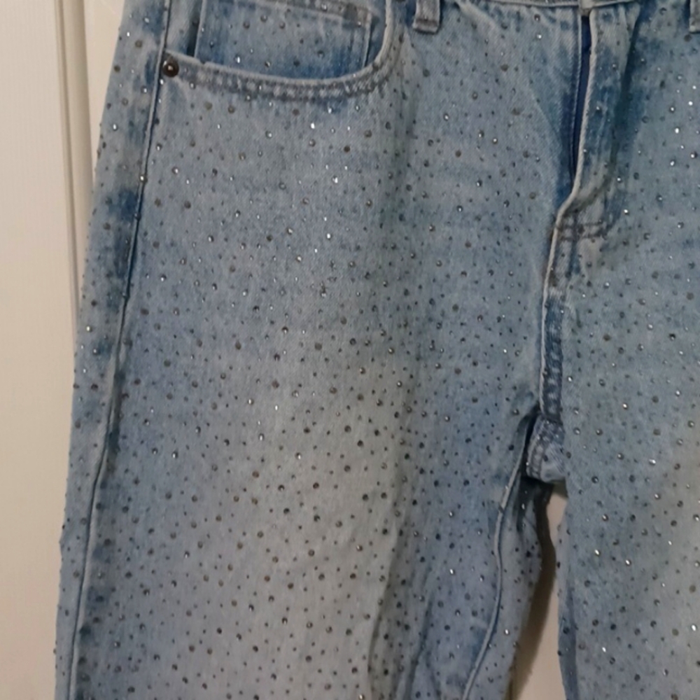 Rhinestones!! Forever 21 Light Blue Baggy Jeans, Covered In Rhinestones - Picture 3 of 7